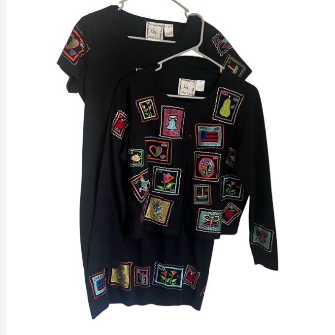 Michael Simon Matching Set Black Postage Stamp Print Women's Size Small